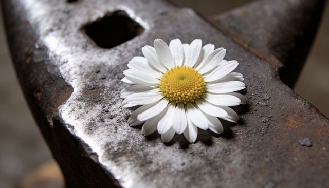 Daisy resting on rusted anvil, delicate white petals contrasting rough industrial metal