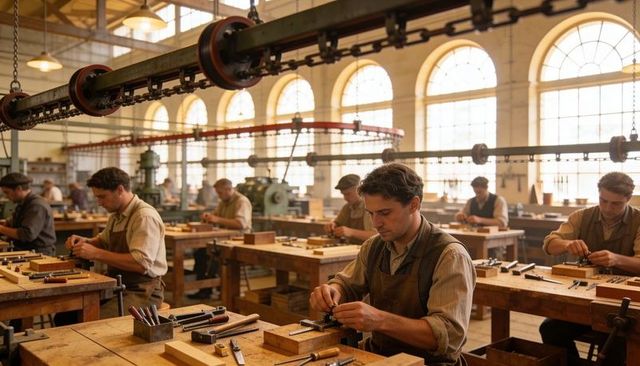 Skilled carpenters assembling precision wooden parts at vintage workshop benches, daylight