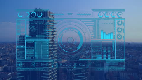 Digital Clock Animation Overlay on Urban Skyline