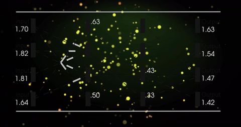 Pulsing neural network dashboard with glowing yellow nodes and neon data visualization