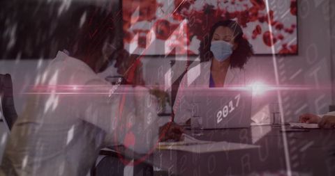 Business team analyzing pandemic impact in boardroom with red virus data overlay