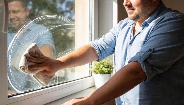 Man cleaning sunlit window with cloth on interior windowsill, casual home lifestyle