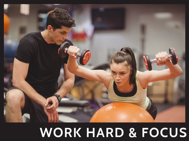 Determined Woman Training with Weights Guided by Male Coach in Gym - Download Free Stock Templates Pikwizard.com