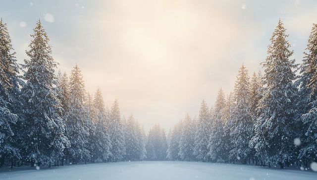 Sunlit snow corridor through frosted pine forest at dawn with gentle falling snow