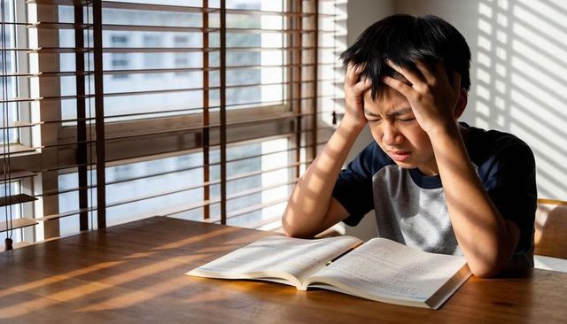 Stressed student holding head over textbook at sunlit table, homework frustration