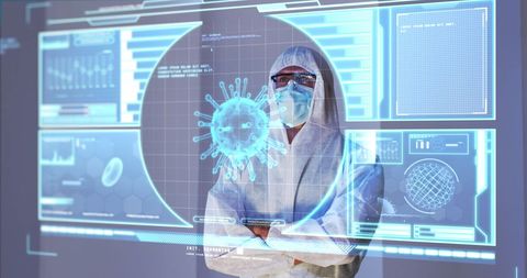 Scientist analyzing virus data with digital interface technology