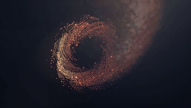 Glowing amber particle vortex forming circular ring of digital squares in cosmic dark space