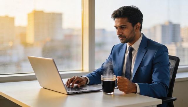 Indian businessman working on laptop while holding coffee by office window at sunset