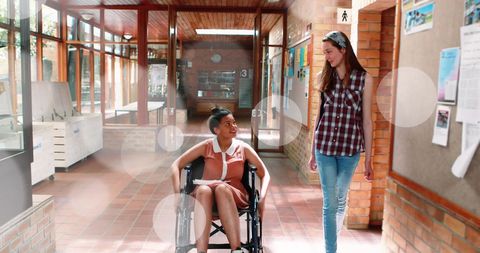 Inclusive student friendship in modern school corridor