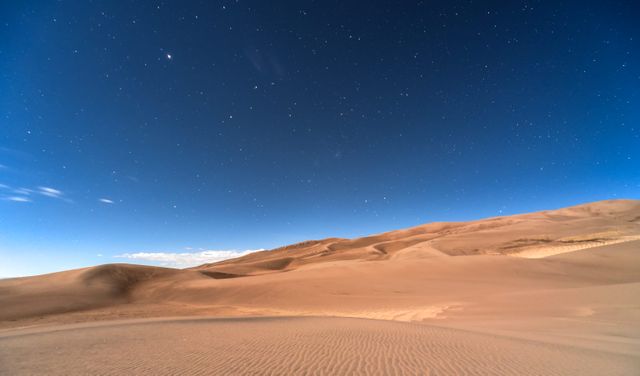 This image captures a clear night sky with numerous stars sparkling above expansive desert dunes. Ideal for use in travel blogs, nature websites, and publications focused on outdoor adventures or serene landscapes. The tranquil setting is perfect for conveying peace, solitude, and the beauty of untouched natural environments.