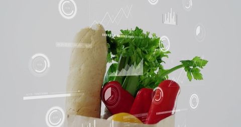 Paper grocery bag with baguette, red peppers and celery with futuristic hud overlay on minimal backd