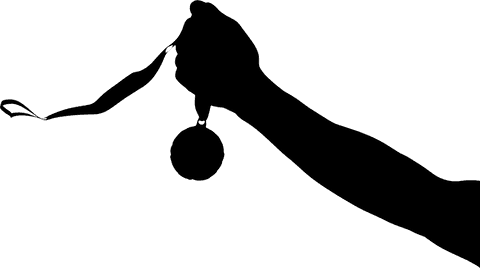 Transparent outline of hand holding medal symbolizes victory