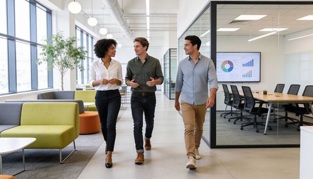 Business team walking through modern open-plan office discussing collaboration and ideas