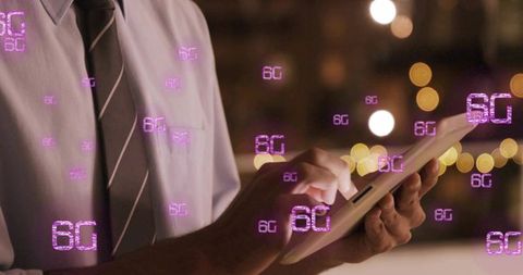 Businessman Tapping Tablet at Night Surrounded by Neon 6G Holograms and Urban Network