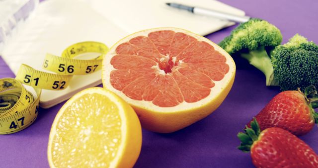 Depicting a selection of healthy foods including halves of grapefruit and lemon, strawberries, and broccoli, alongside a measuring tape and open notebook. Ideal for use in articles and materials focused on nutrition, weight loss, diet plans, and promoting a healthy lifestyle.