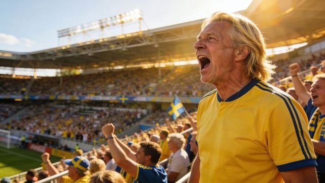 Senior swedish football fan cheering in yellow jersey amid sunset stadium crowd backlit golden hour