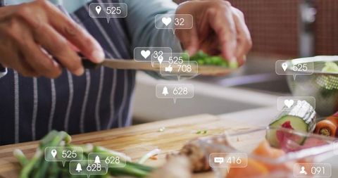 Slicing and prepping vegetables by senior Indian woman in apron with social media overlays