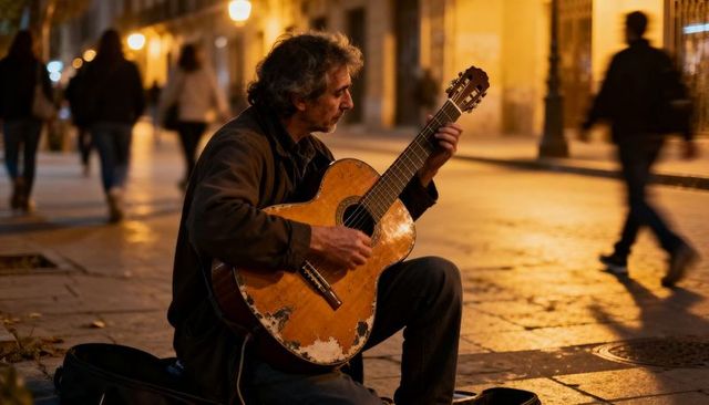 Night busker playing worn acoustic guitar on historic city street with open case