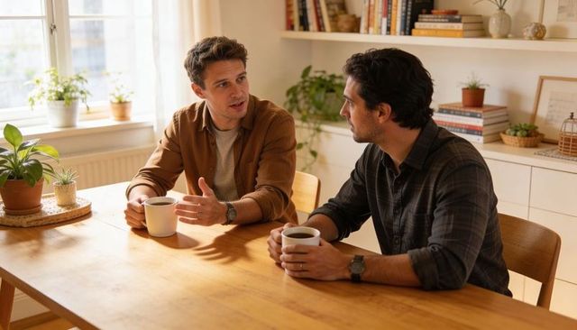Two men sharing morning coffee and having deep conversation at sunlit cozy kitchen table