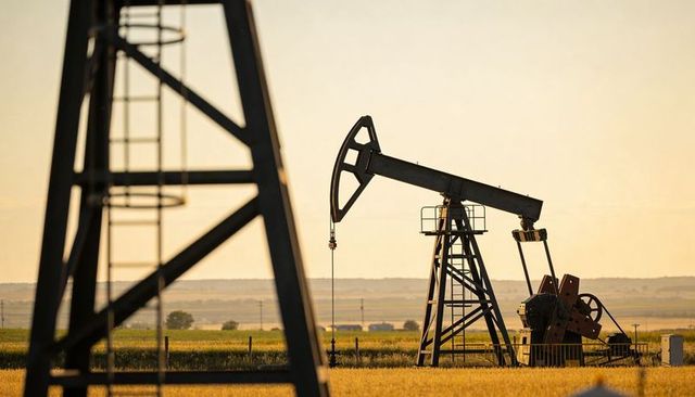 Sunlit pumpjack working in rural oilfield with steel lattice tower and wide horizon