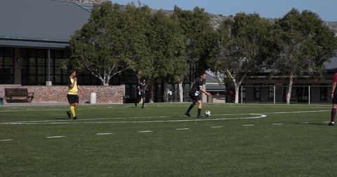 Soccer game dynamics on green grass field