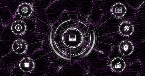 Digital network icons on abstract black background