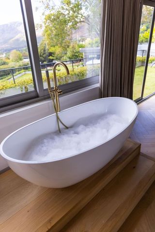 Luxury freestanding oval bathtub on wood platform with brass faucet and garden view