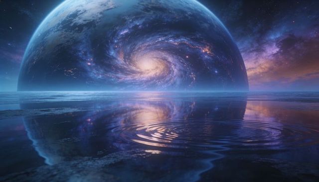 Planetary galaxy looming over reflective ocean, spiral core creating luminous ripples, celestial glo