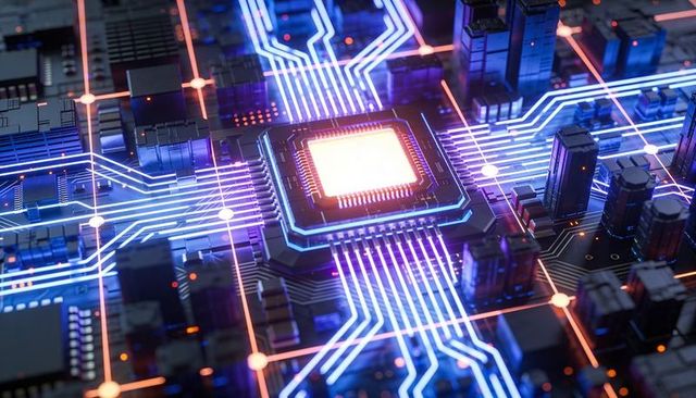 Microprocessor radiating neon blue and magenta traces across futuristic circuit board