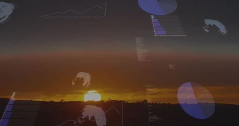 Sunset Landscape Blending with Digital Data Overlays, Charts and Analytics Visualization