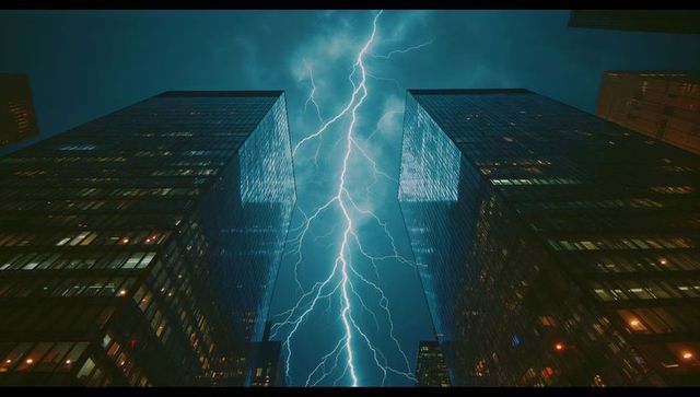 Dramatic night lightning between urban skyscrapers