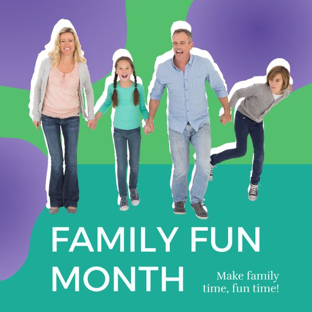 Caucasian family enjoying quality time together for Family Fun Month. Parents and children holding hands, smiling, engaged in playful activities. Ideal for campaigns promoting family time, bonds, happiness, and events dedicated to family unity and enjoyment.