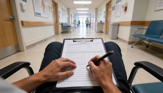 Patient completing medical intake form while waiting in clinic corridor on clipboard