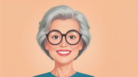 Smiling senior woman in round glasses and teal top