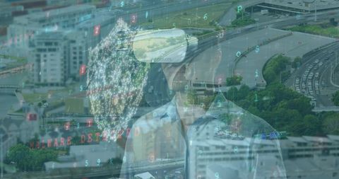 Futuristic VR and Cybersecurity Concept with Cityscape Overlay