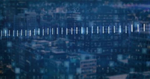 Neon audio waveform overlaying nighttime city skyline for music tech and data visualization