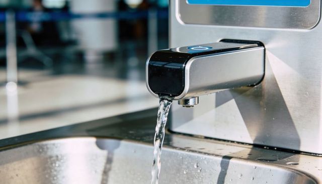 Touchless sensor faucet dispensing clear water into stainless steel basin in airport