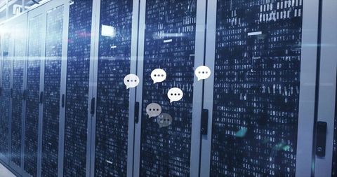 Modern data center aisle with networking and chat interface overlay