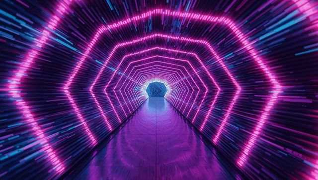 Futuristic hexagonal neon tunnel with glowing led lights
