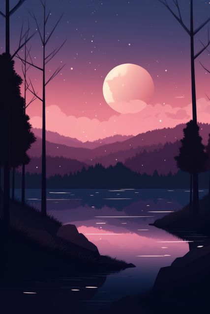 Illustrated scene of a twilight sky with a full moon and stars reflecting on a calm lake surrounded by silhouetted trees and mountains. Perfect for backgrounds, nature-themed projects, calm and serene visuals, or to inspire tranquility in design.
