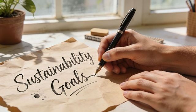 Handwriting Sustainability Goals on Kraft Paper by Sunlit Window with Fountain Pen