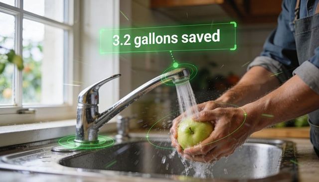 Smart kitchen faucet saving 3.2 gallons while rinsing apple with green holographic ui overlay