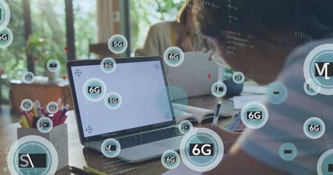 Child Writing at Laptop Surrounded by 6G Network Icons