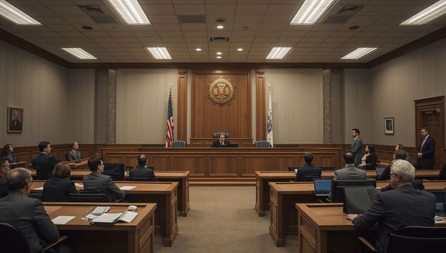Presiding judge addressing courtroom during trial with attorneys using laptops