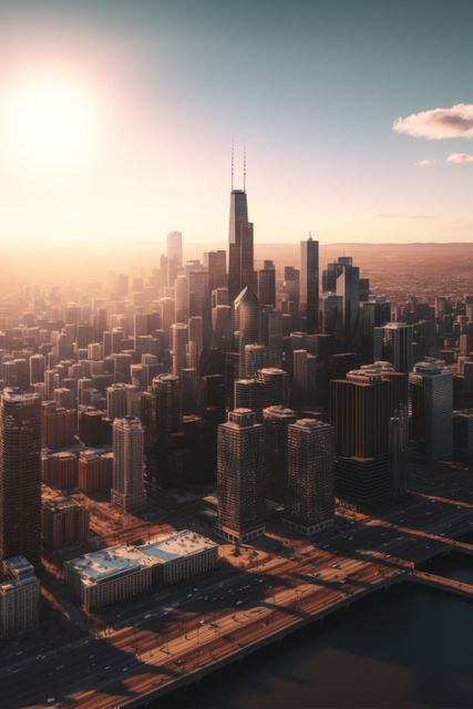 Skyline with modern buildings with sun on clear sky, created using generative ai technology. Urban architecture and cityscape concept digitally generated image.