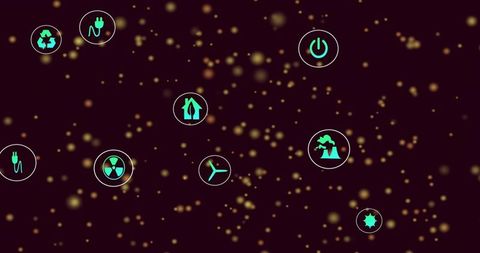 Teal energy icons floating over maroon background for sustainability branding and badges