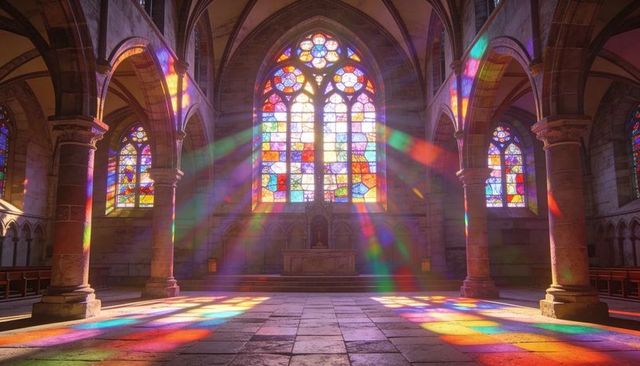 Sunlight streaming through stained glass, casting rainbow rays across gothic nave interior