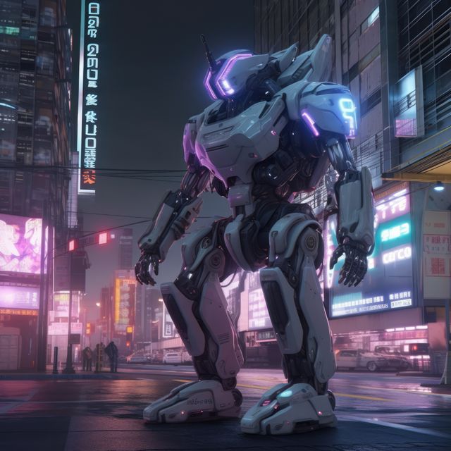 Futuristic robot standing tall amidst neon-lit buildings in a cyberpunk city during night. Perfect for content related to advanced technology, artificial intelligence, robotics, and future cityscapes in sci-fi themes. Ideal for use in marketing for tech products, cyberpunk-themed media, or futuristic design visuals.