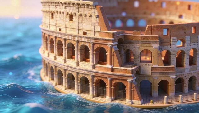 Floating colosseum model gleaming at sunset on calm sea with detailed arches miniature diorama