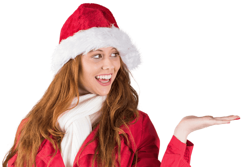 Cheerful Redhead in Santa Hat Presenting on Transparent Background